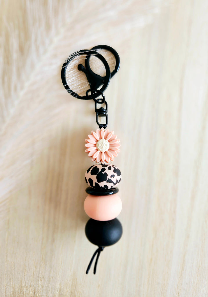 Peach Daisy & Cow Print Keyring